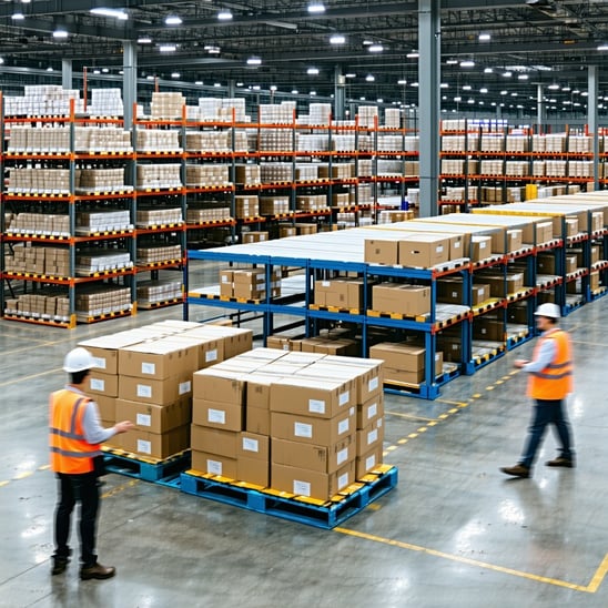 A clear image of inefficiency in a production setting, such as stacked excess inventory, idle equipment, or employees visibly waiting due to workflow-1