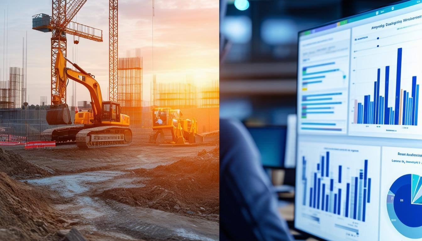 A dynamic split-screen image: one side showing a busy construction site, the other showcasing digital dashboards and analytics, emphasizing seamless integration.