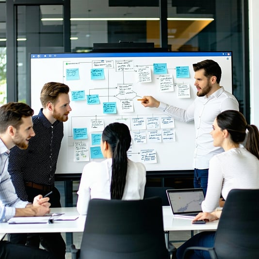 A focused group of employees or managers actively collaborating around a visual management tool, discussing improvements, planning processes, or ident-1
