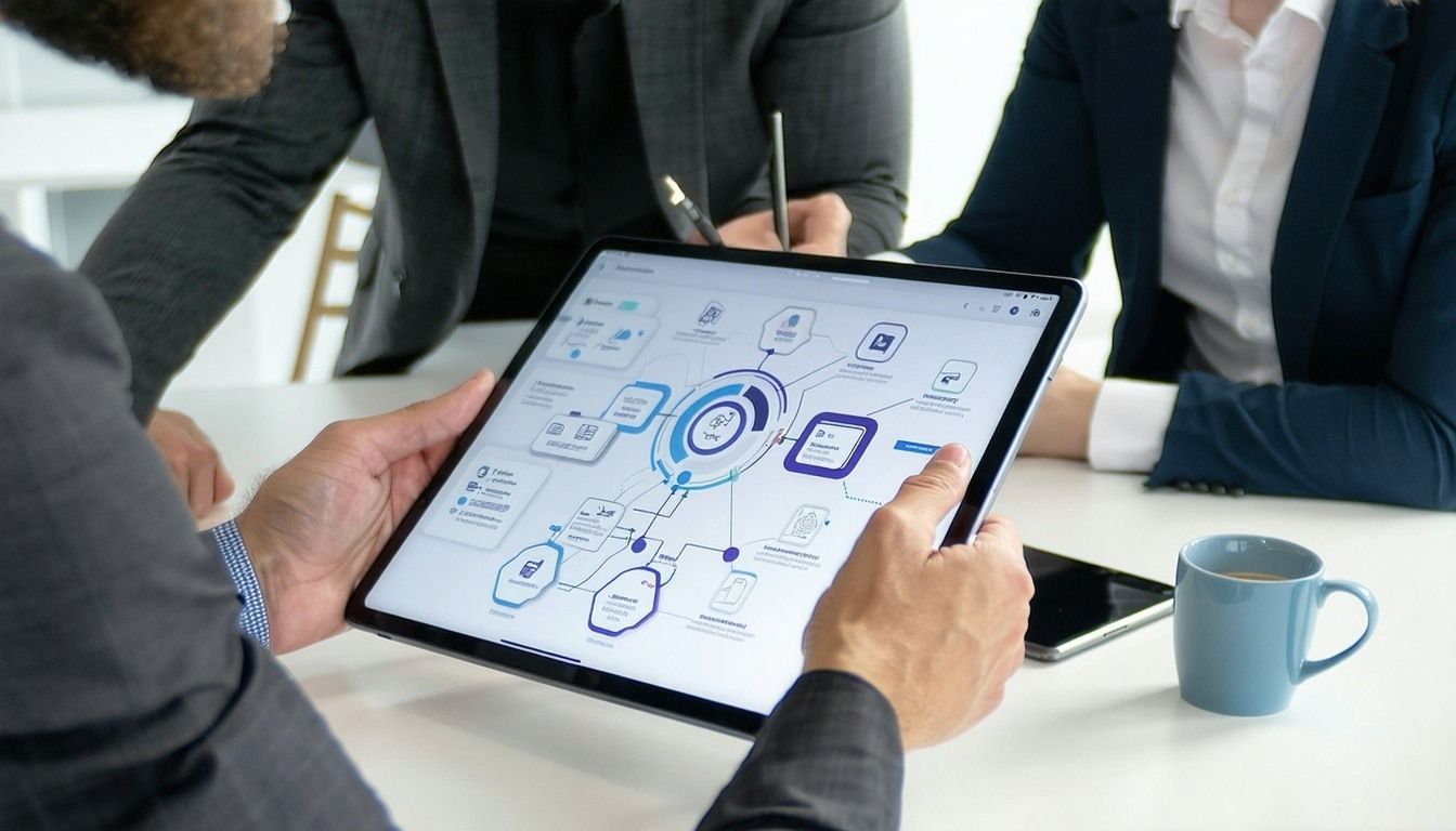 Colleagues in casual office setting reviewing integration architecture on tablet Closeup view-4