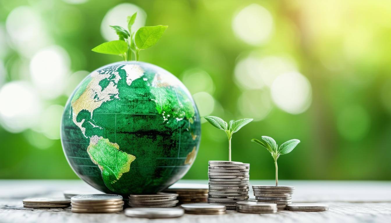 Earth globe surrounded by a green plant and coins on a wooden table, symbolizing sustainability and financial growth.