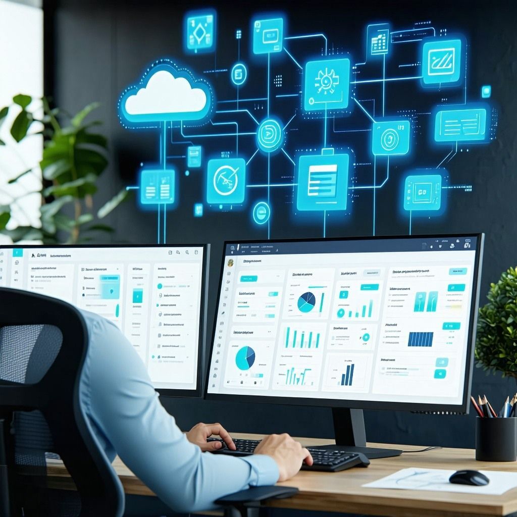 IT team managing API connections and cloud integrations on dashboard in modern office