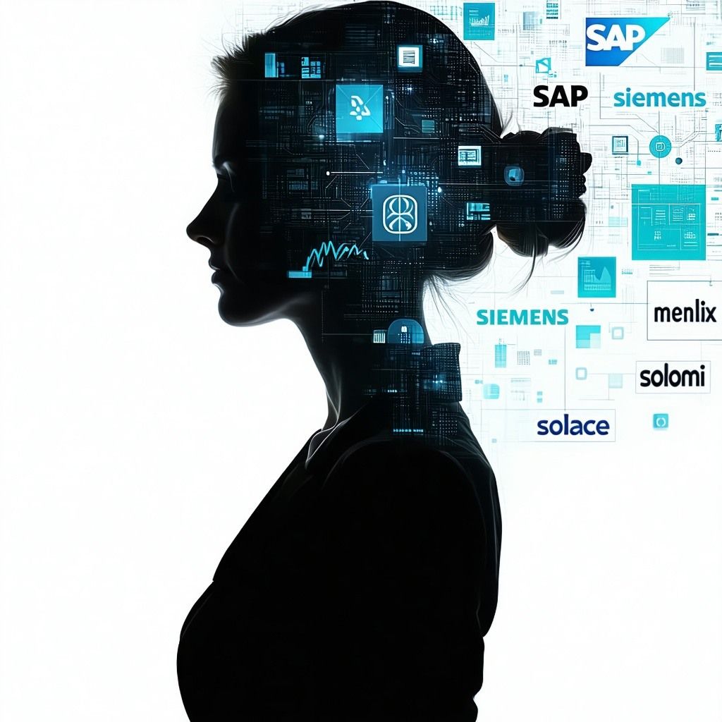 a silhouette of a woman from side profile with the representation the it industry and digital transformation featuring logos from sap, siemens, mendix-Mar-04-2025-10-47-36-1829-AM