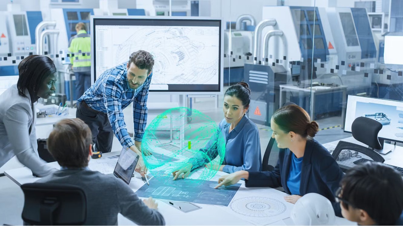 diverse team collaborating around a central digital platform symbolizing unified data access-1