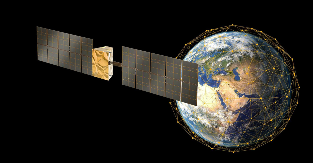 Satellite orbiting Earth with visible network connections over the globe, set against a black background