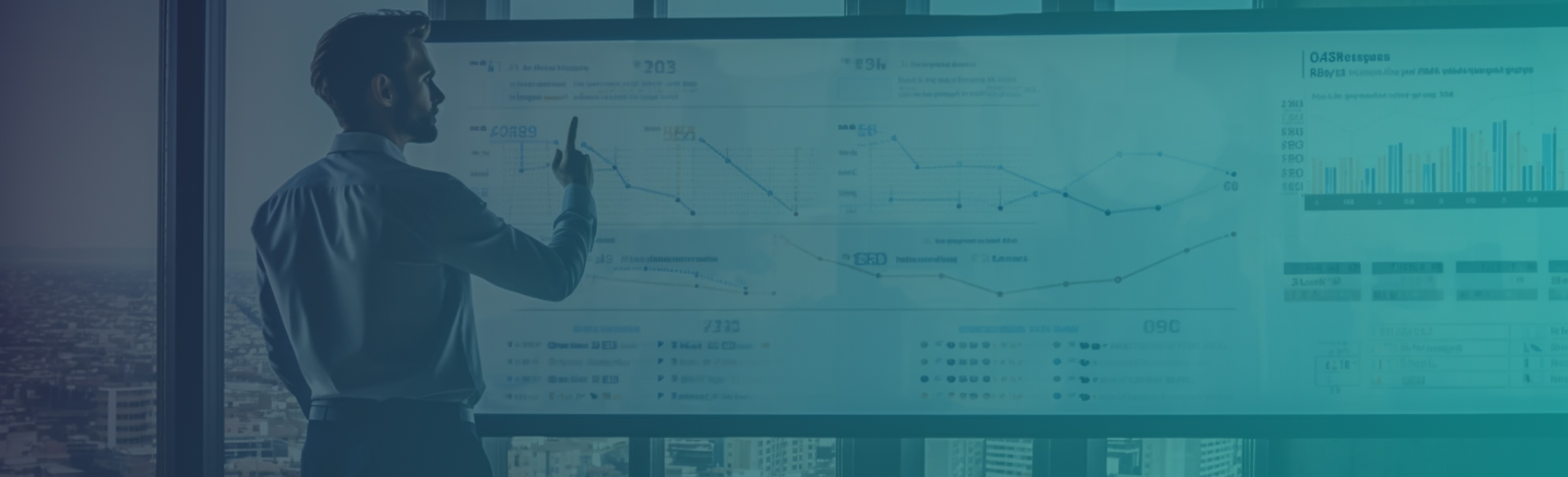 Businessman analyzing data on a large digital screen