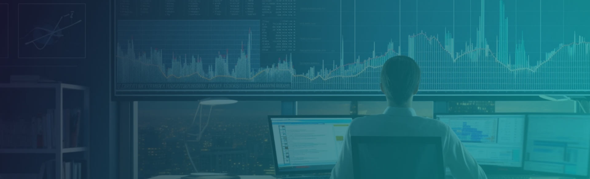 Data analytics scene with person analyzing graphs on multiple screens