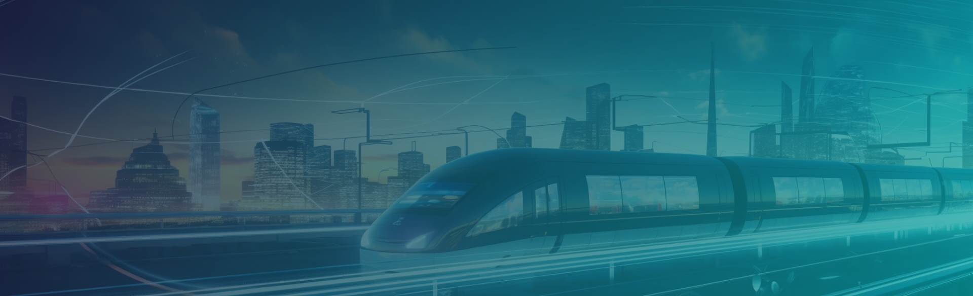 Infrastructure theme with futuristic train and city skyline at dusk