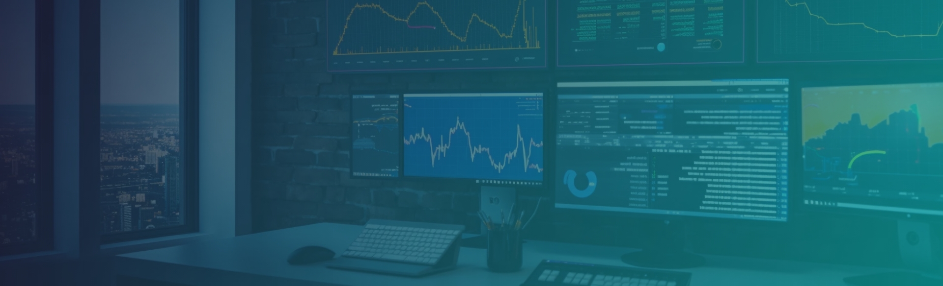 Data Engineering office with multiple monitors displaying graphs and code