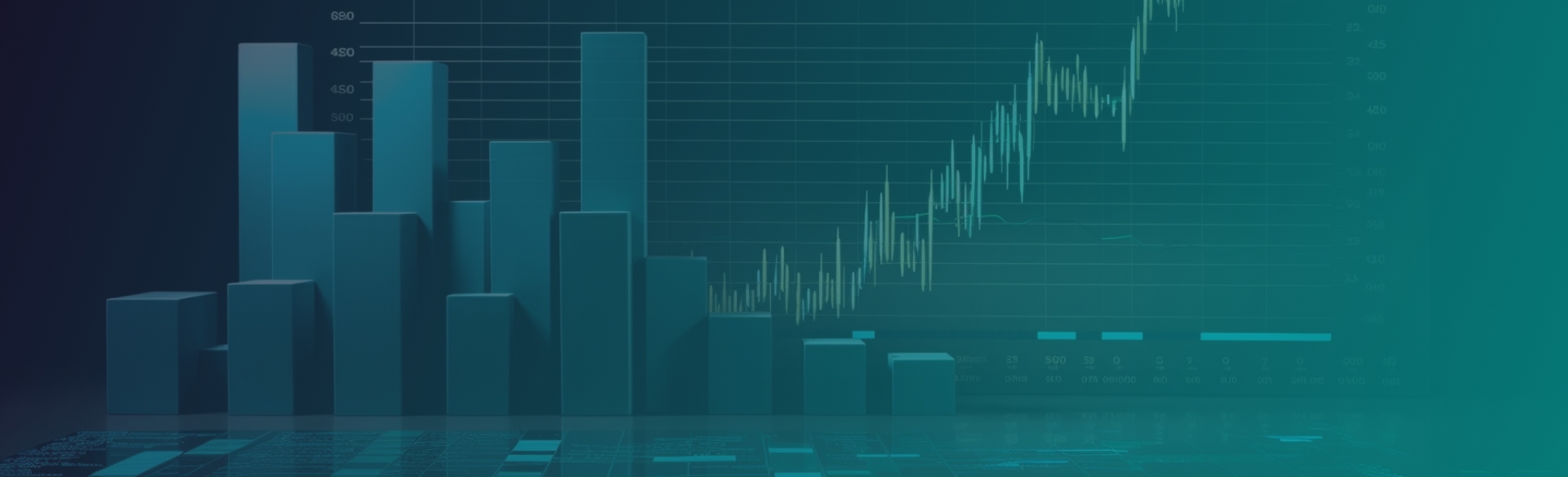 Financial Analytics with a 3D bar graph and line chart on a dark background