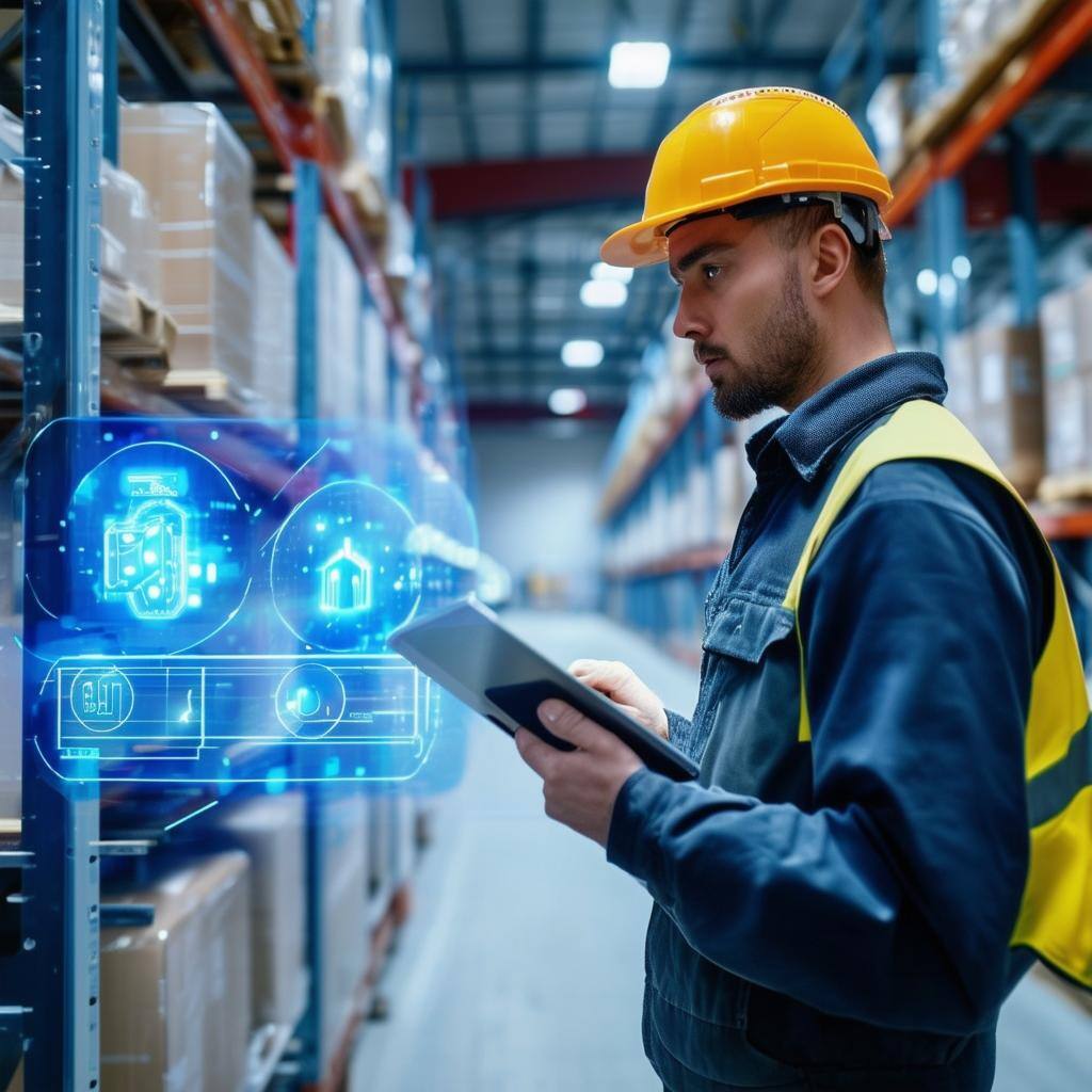 A warehouse with smart sensors monitoring product locations with A technician inspecting a machine using a tablet
