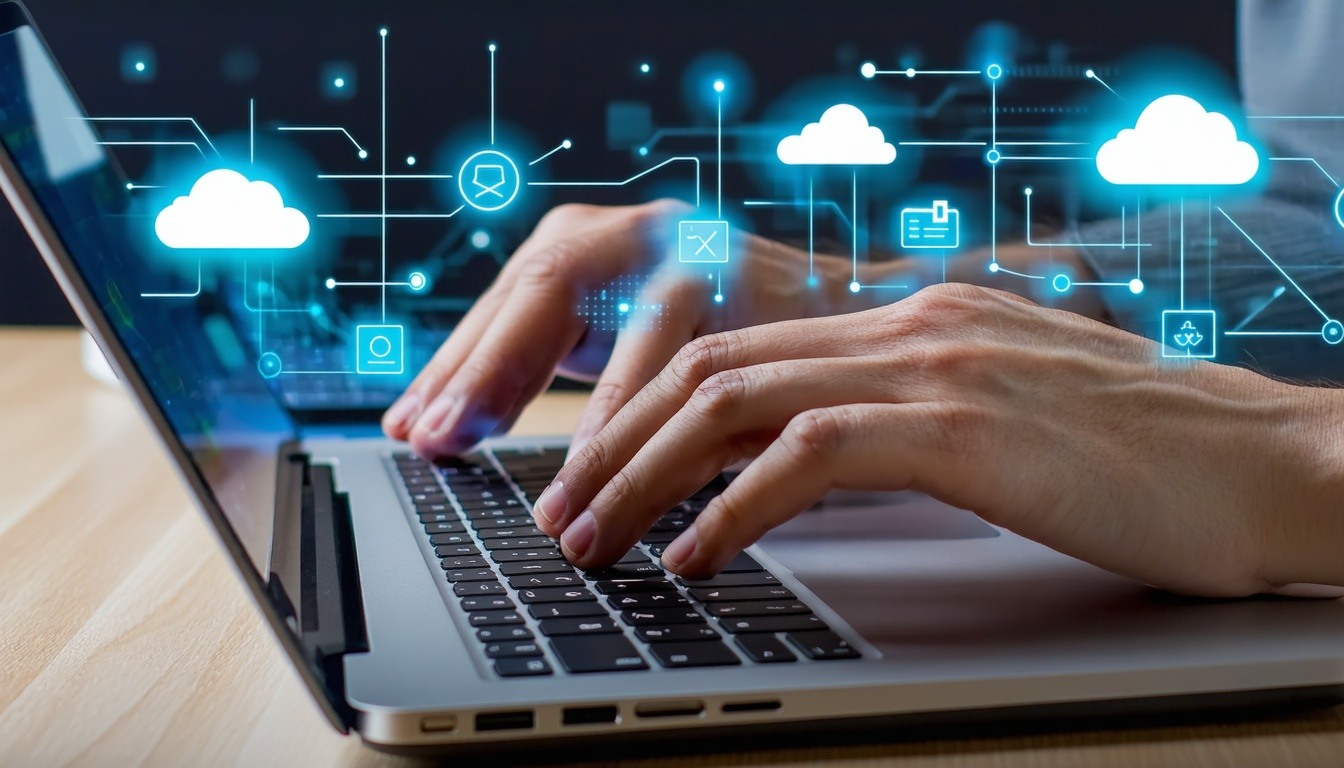 Closeup of hands typing on laptop with cloud icons and connection lines in background-1