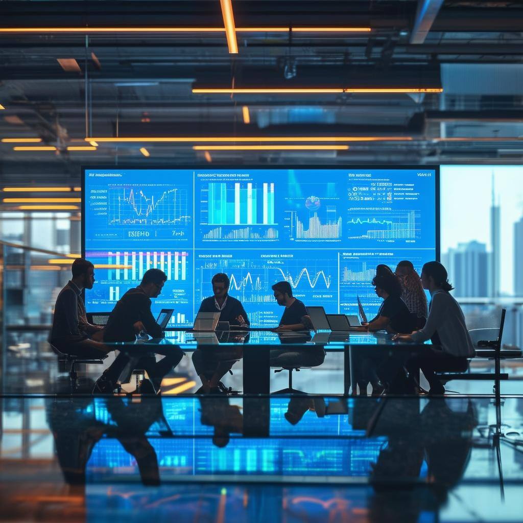 Generate an image of a modern office with a large screen displaying digital metrics