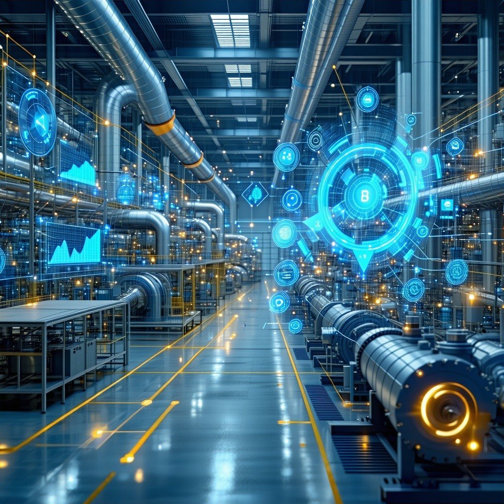Industrial IoT sensors collecting realtime data from machines Data streams flowing into a central dashboard with big data analytics visualized through graphs charts and predictive models Clean futuristic industrial setting with digital interfaces and-1