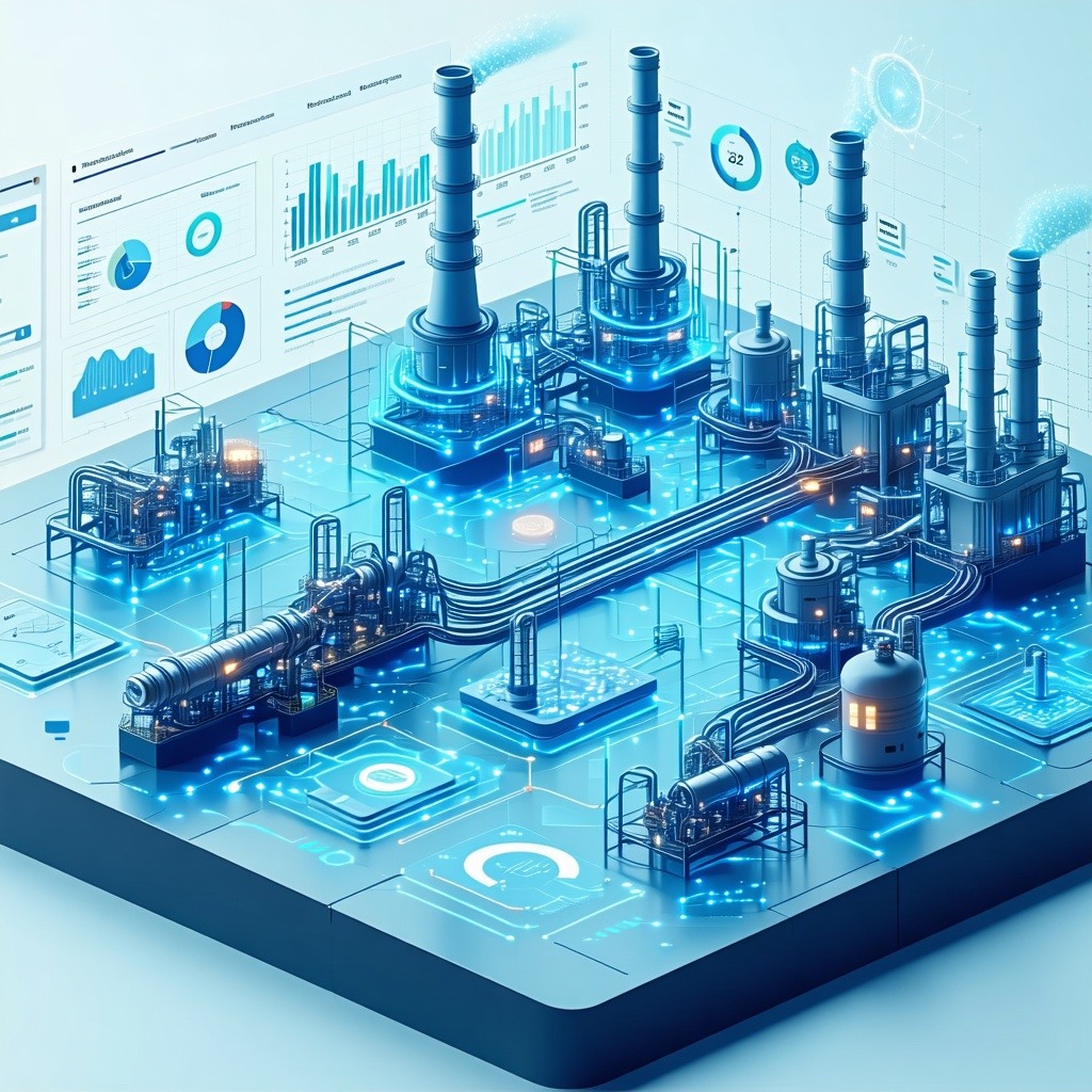Industrial IoT sensors collecting realtime data from machines Data streams flowing into a central dashboard with big data analytics visualized through graphs charts and predictive models-1