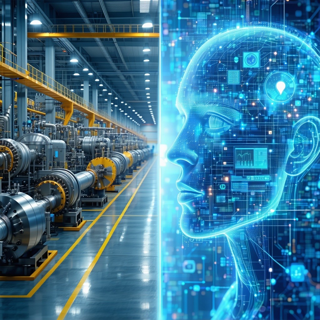 Realtime data feeds into AI and machine learning algorithms that predict maintenance and optimize performance Split view physical factory on one side digital replica on the other with flowing data neural networks and predictive dashboards
