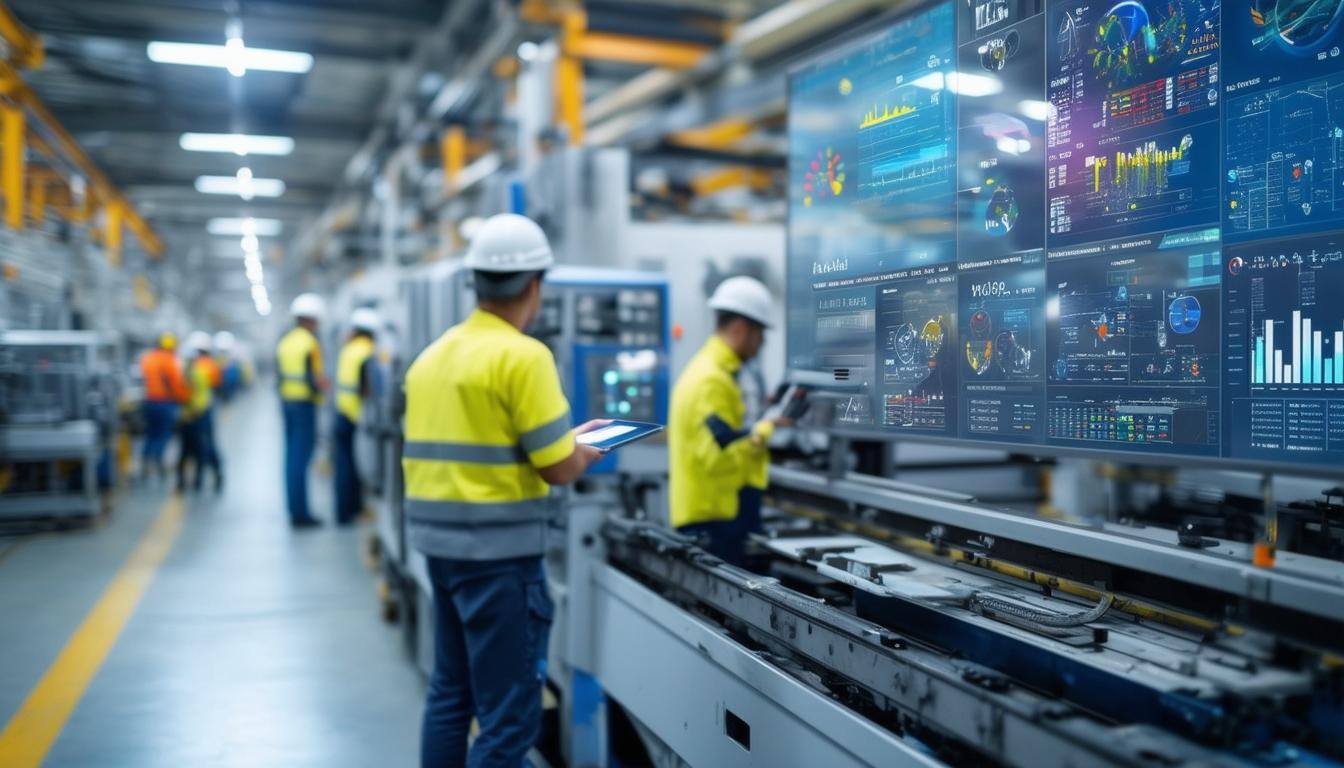 The image portrays a modern industrial manufacturing facility, filled with advanced machinery and equipment