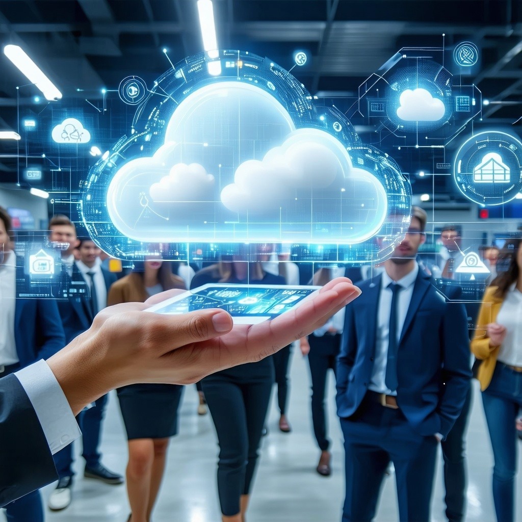 businesspeople seamlessly exchanging data through digital cloud networks