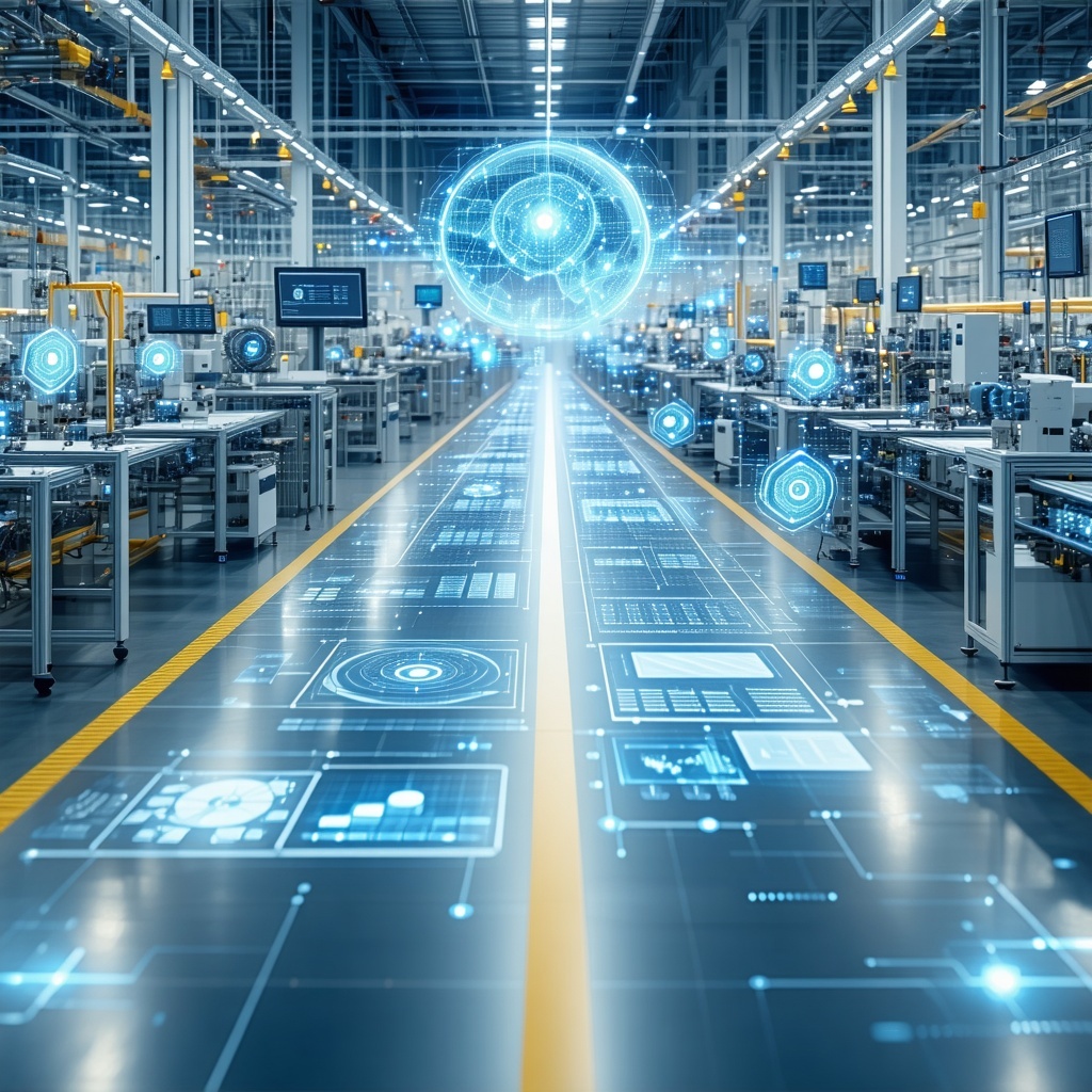 manufacturing environment where part are being assembled and is running smoothly and above there are digital systems connected-1