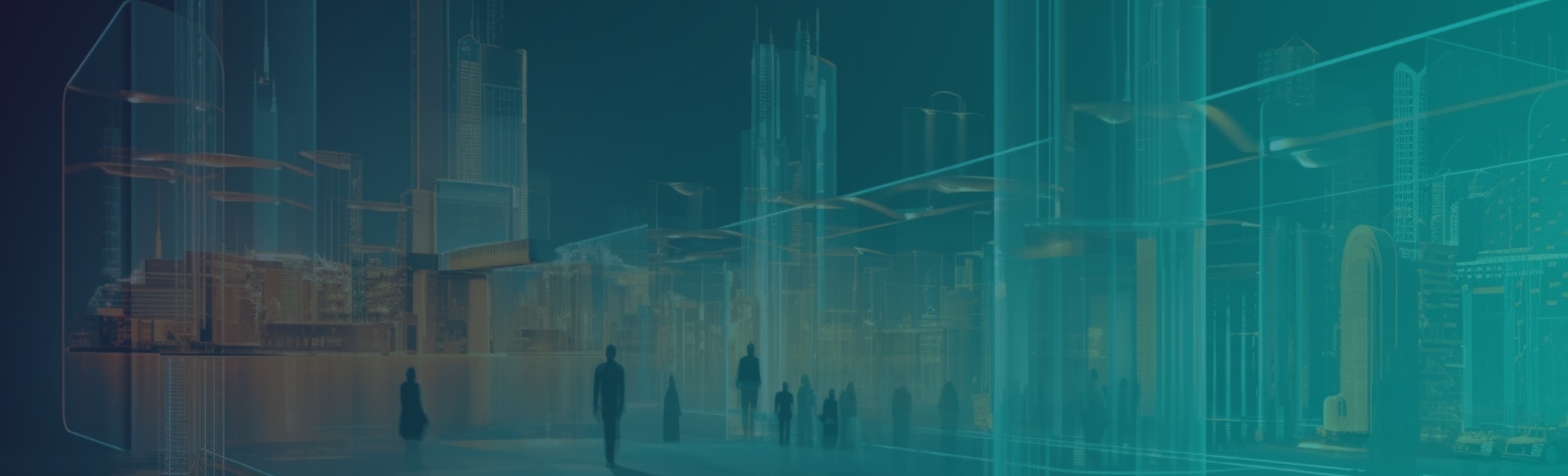 Architecture scan - Silhouetted figures and digital blueprints over city backdrop