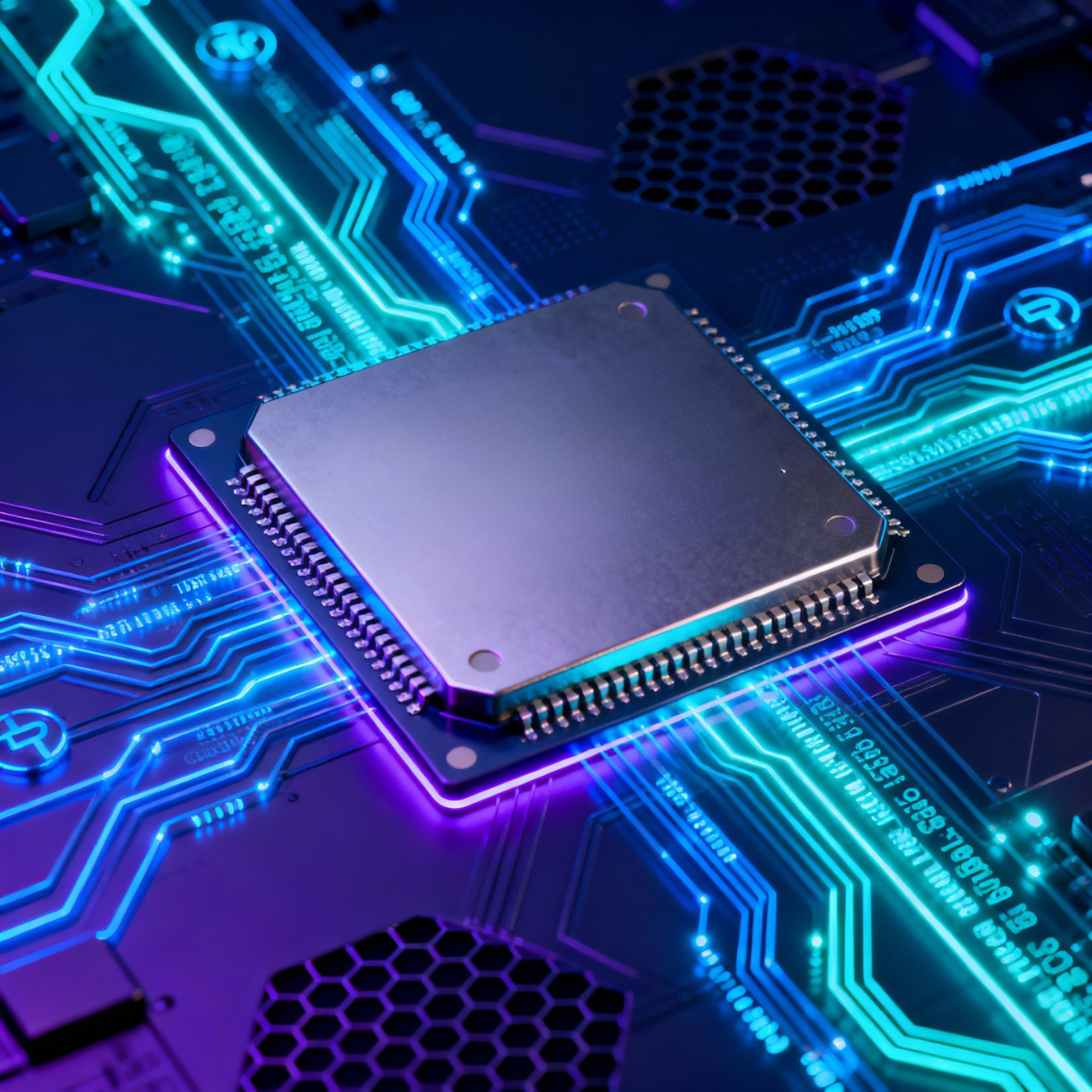 Main chip with flowing datastreams
